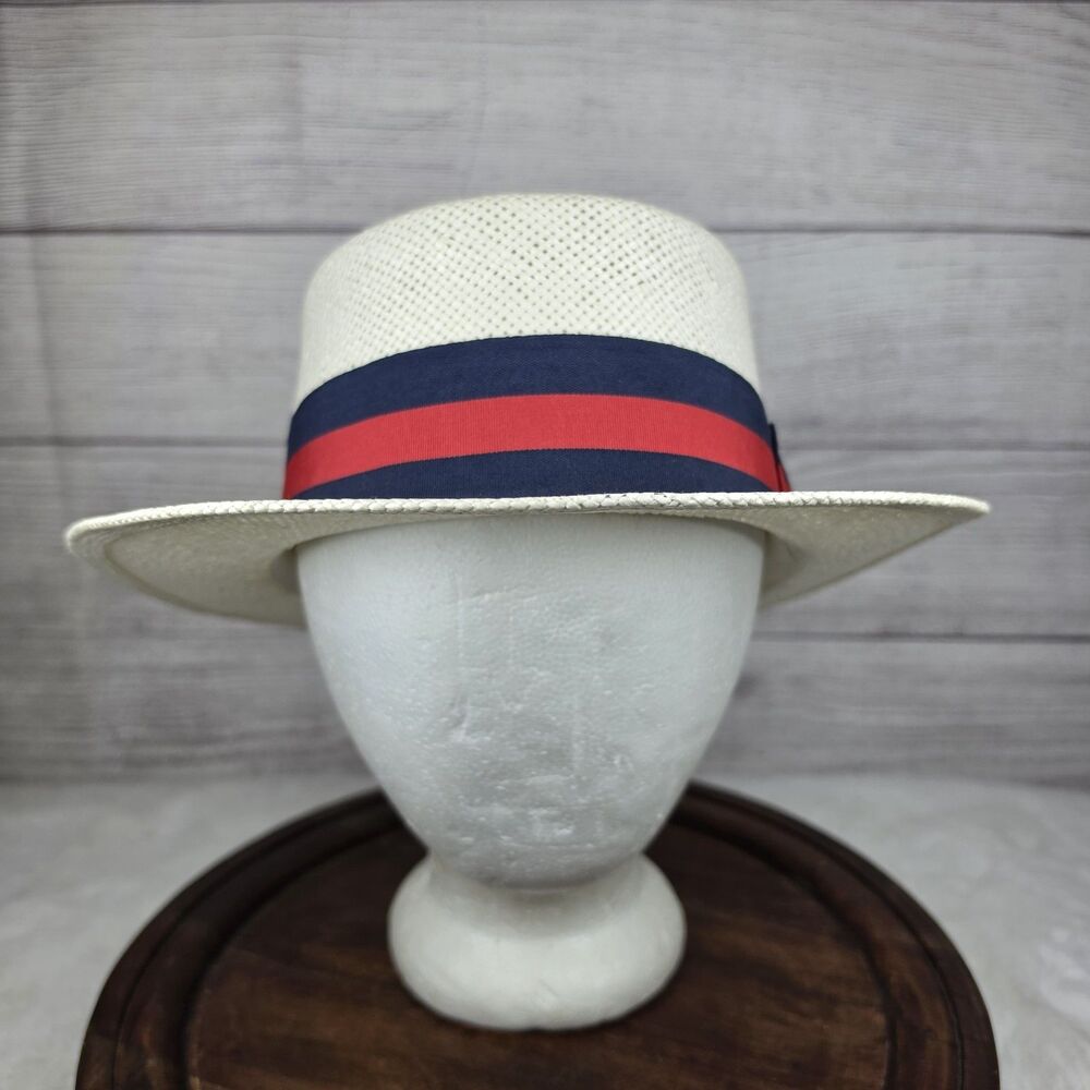Bruno Capelo Men's White Straw Boater Preppy Yacht Hat Size XL